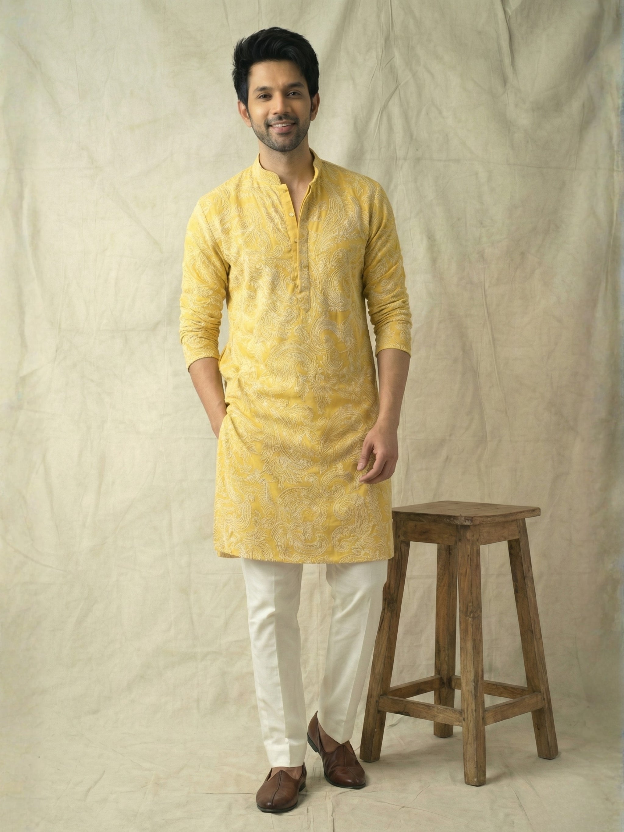 Sunshine Yellow Resham Embroidered Kurta with Cari Pattern