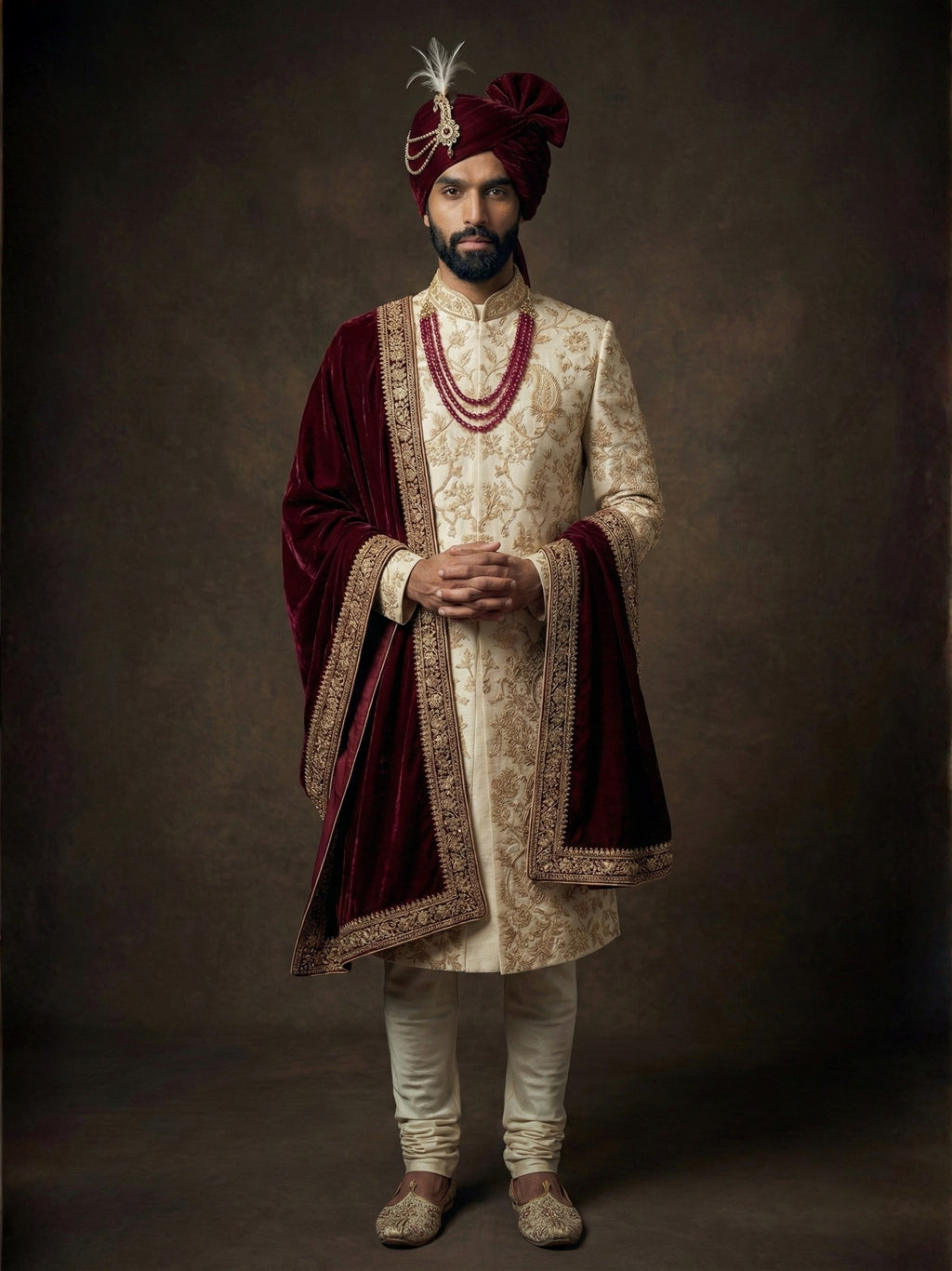 Cream Zardosi Sherwani with Maroon Velvet Shawl