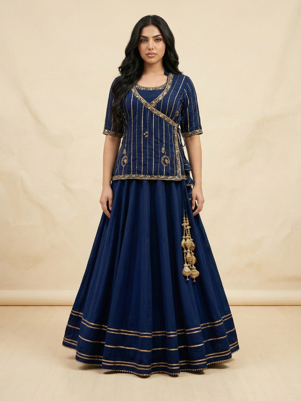 Midnight Blue Angrakha Peplum Top & Lehenga Set with Gold Zari