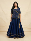 Midnight Blue Angrakha Peplum Top & Lehenga Set with Gold Zari