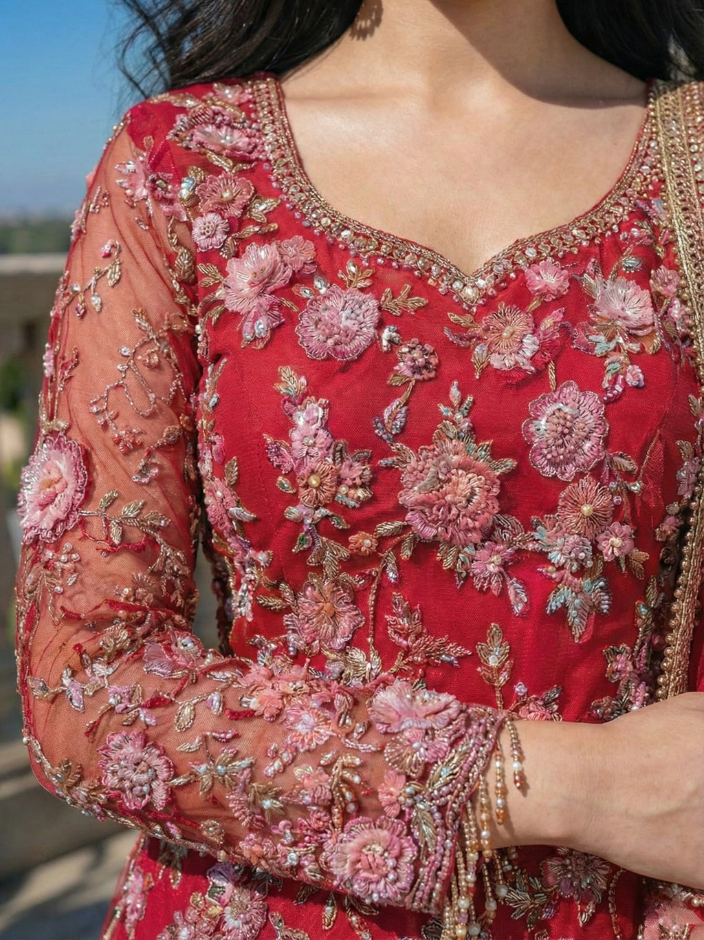 Crimson Floral Embroidered Sharara Set