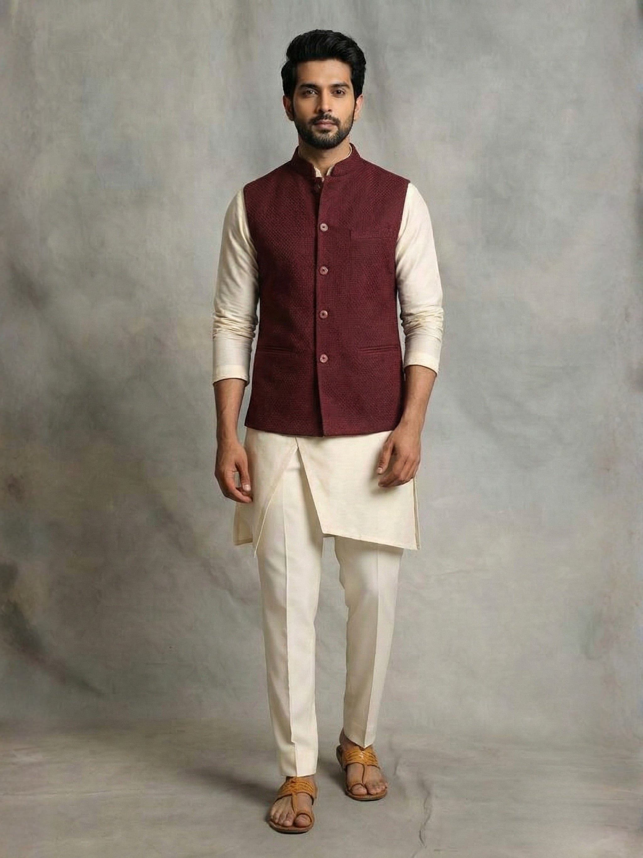 Textured Maroon Koti with Off-White Raw Silk Kurta Set