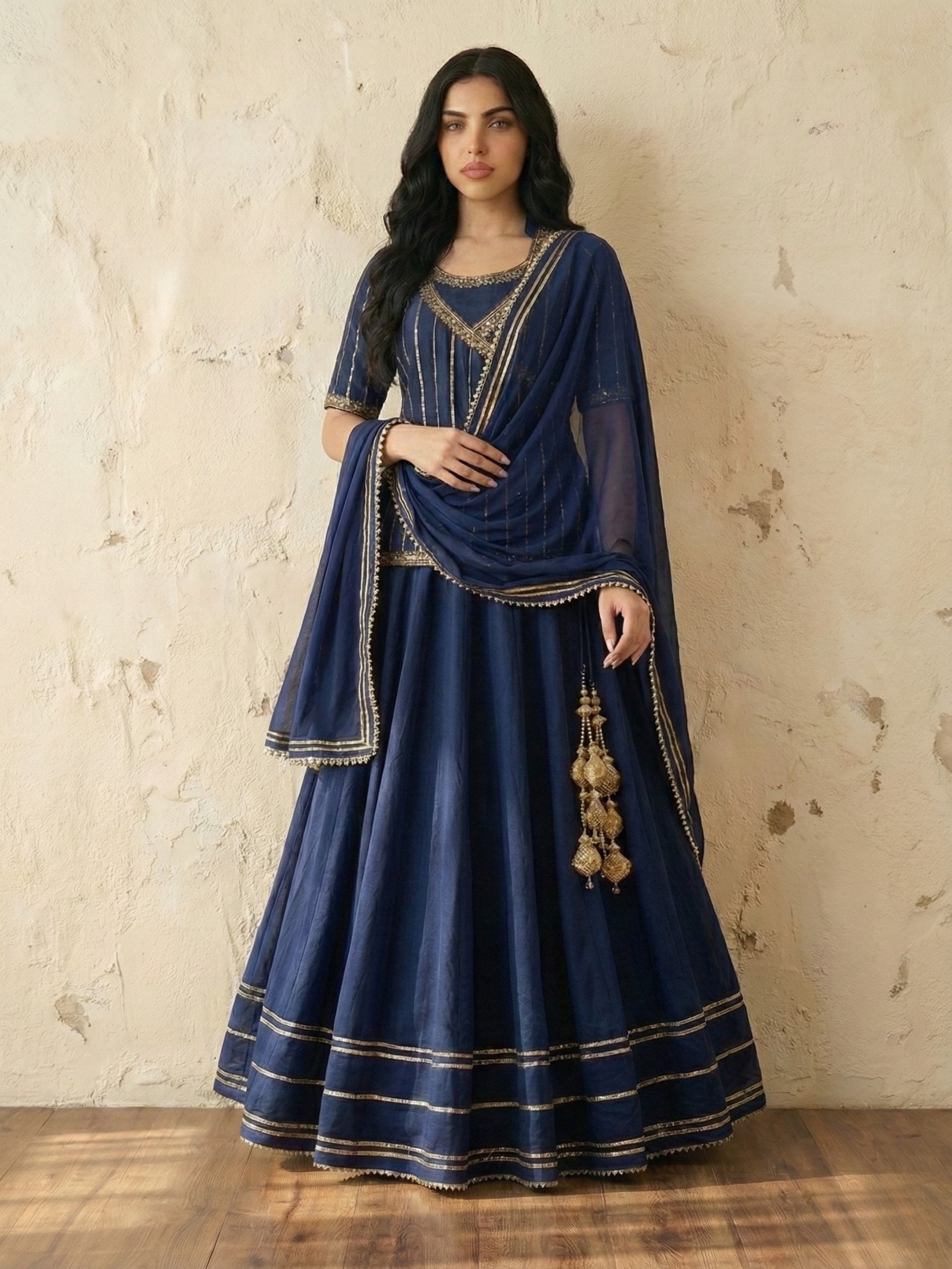 Midnight Blue Angrakha Peplum Top & Lehenga Set with Gold Zari