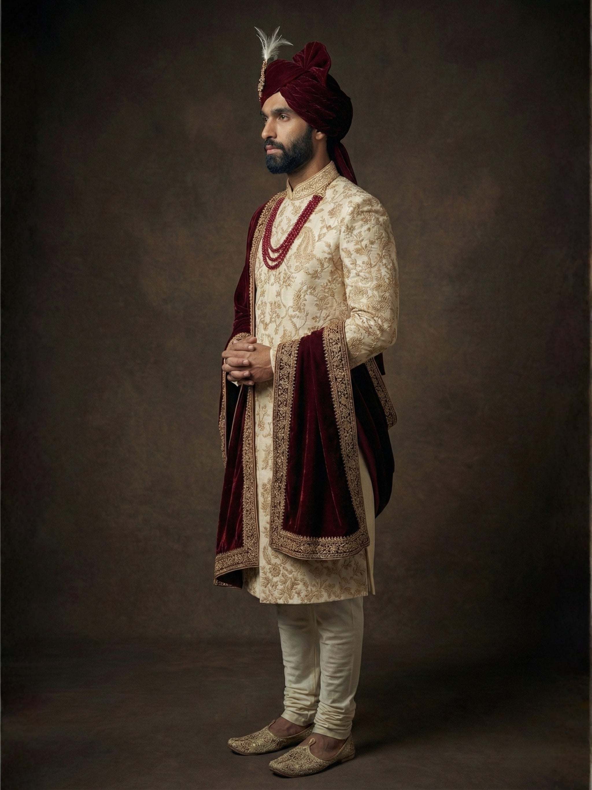 Cream Zardosi Sherwani with Maroon Velvet Shawl