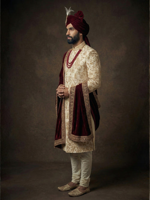 Cream Zardosi Sherwani with Maroon Velvet Shawl