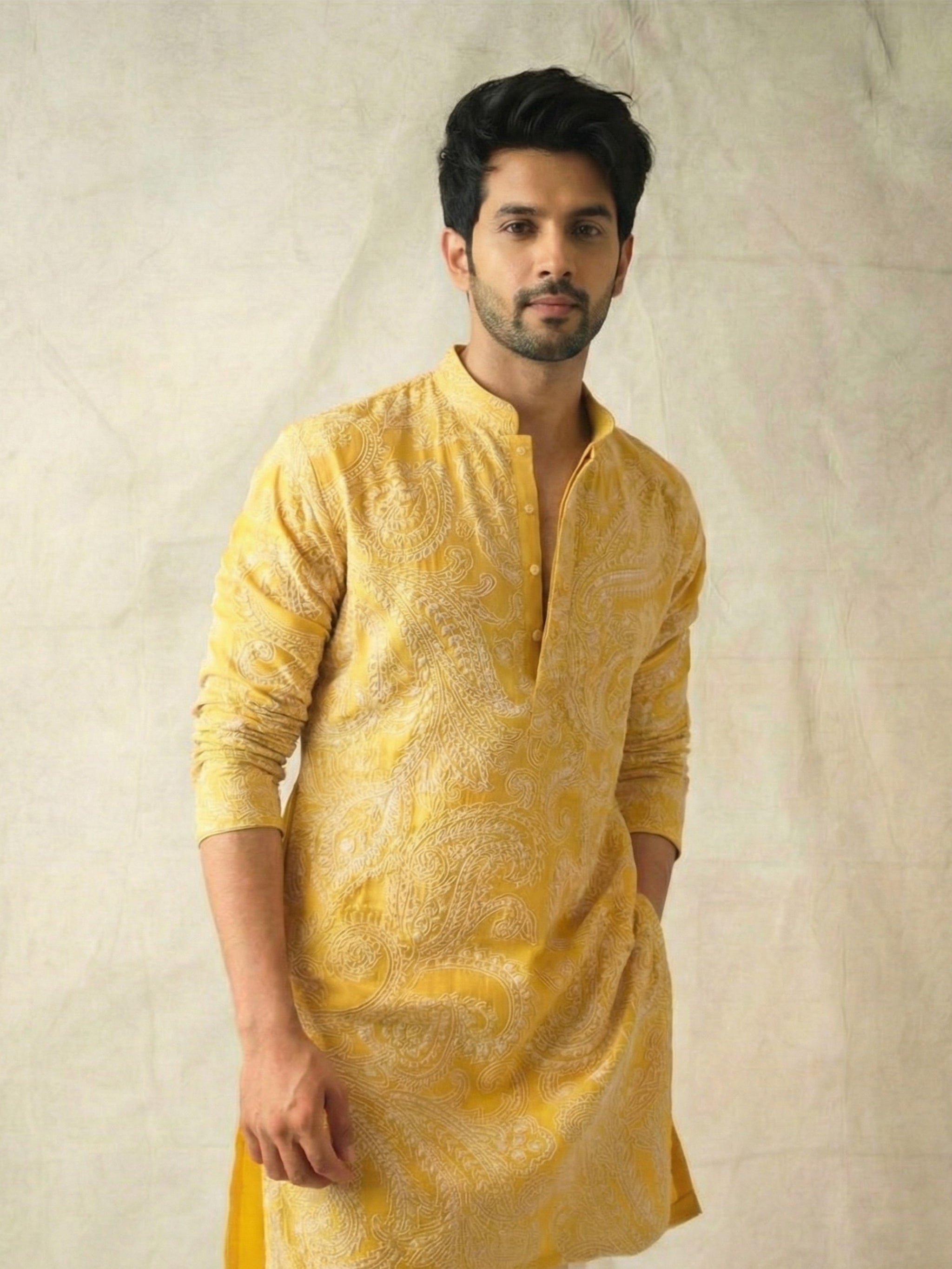Sunshine Yellow Resham Embroidered Kurta with Cari Pattern