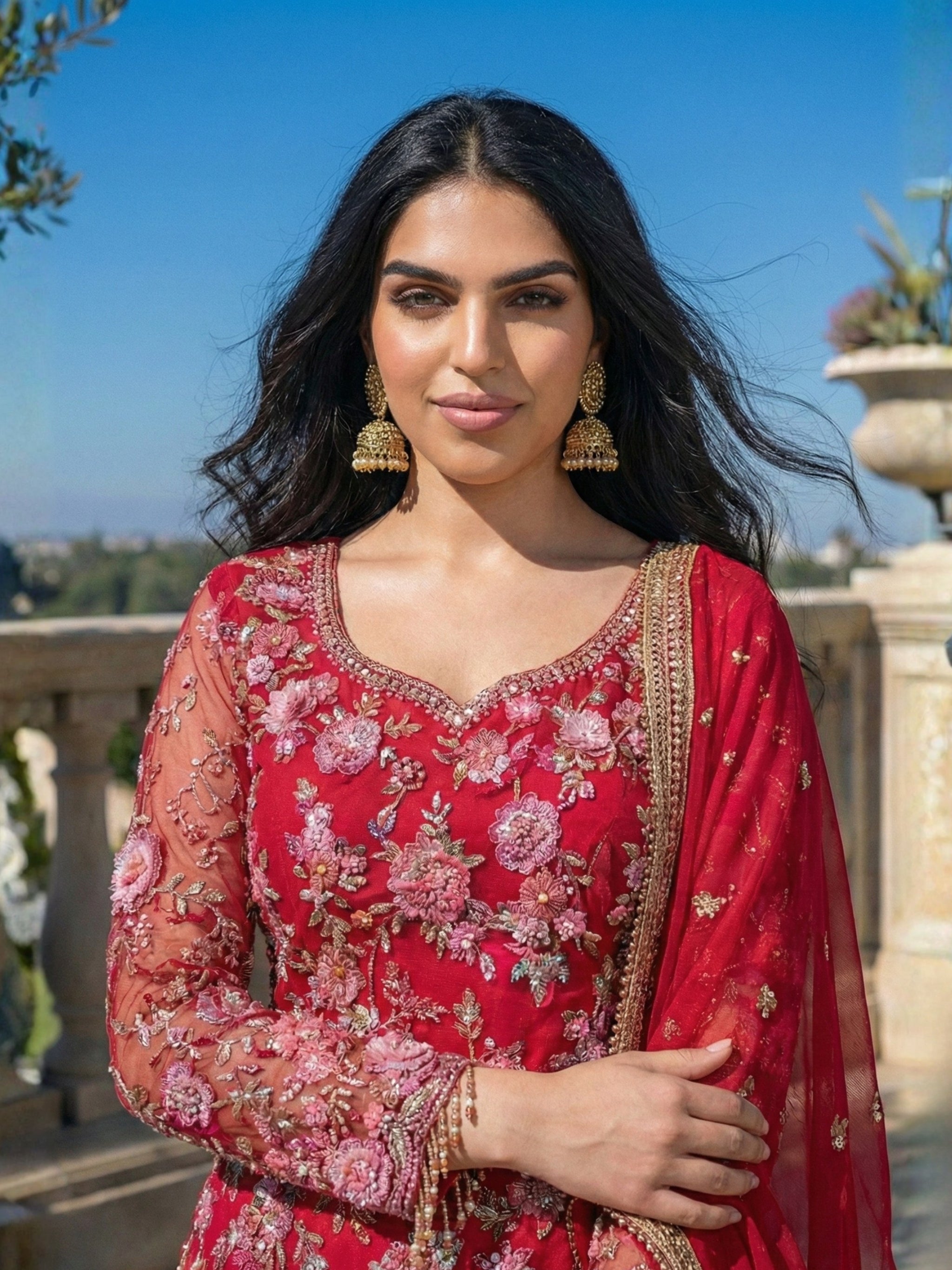 Crimson Floral Embroidered Sharara Set
