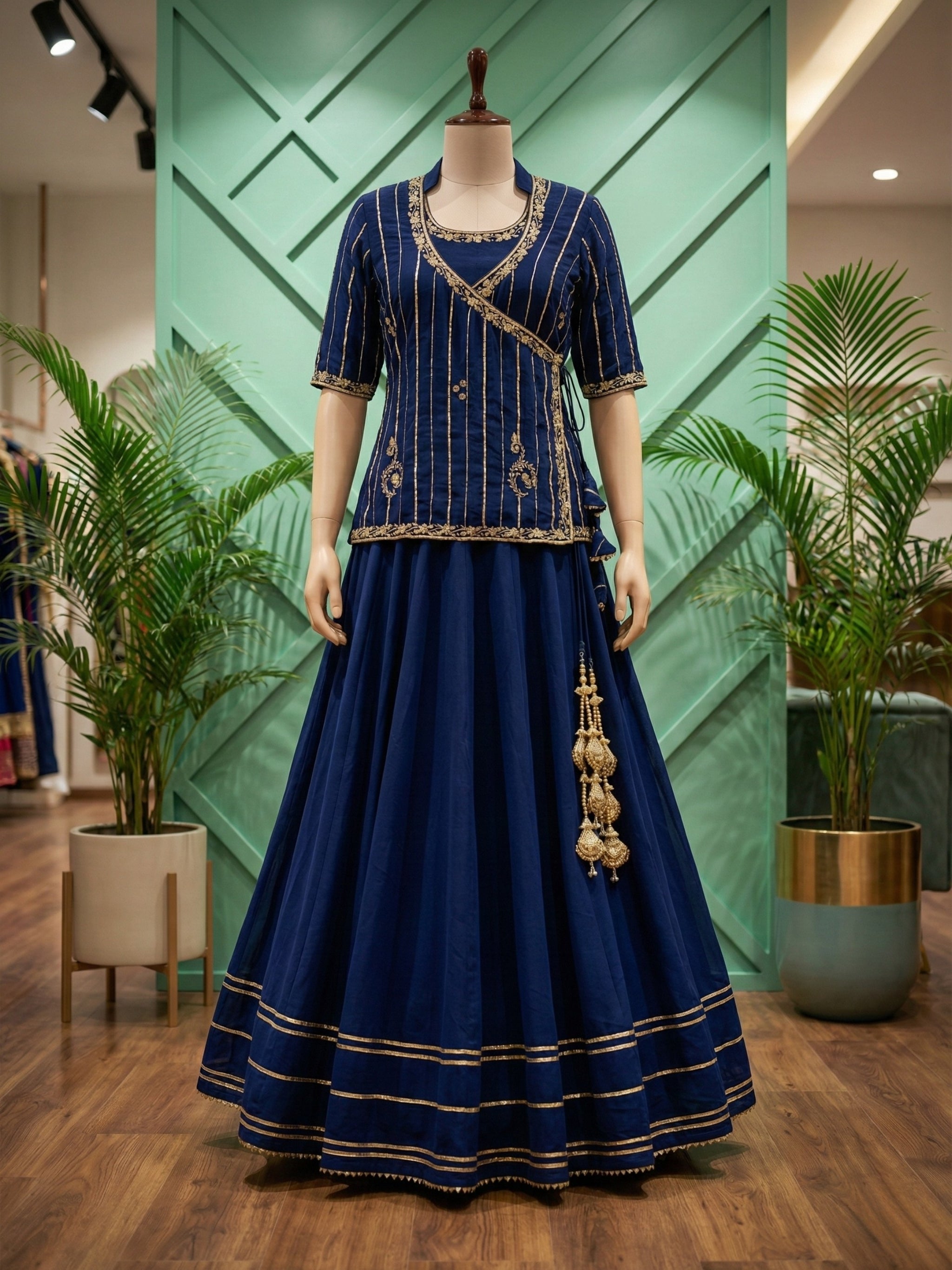 Midnight Blue Angrakha Peplum Top & Lehenga Set with Gold Zari