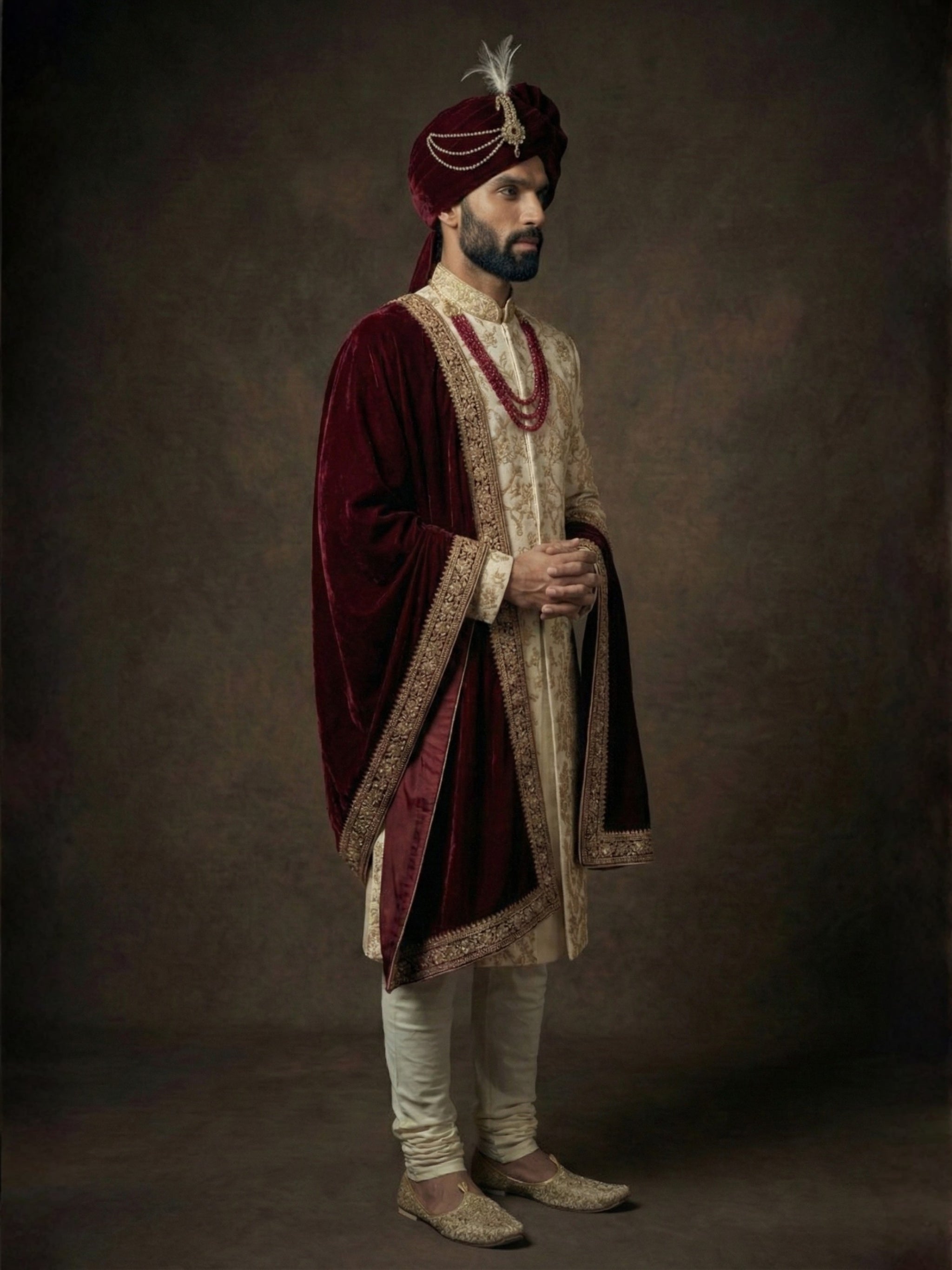 Cream Zardosi Sherwani with Maroon Velvet Shawl