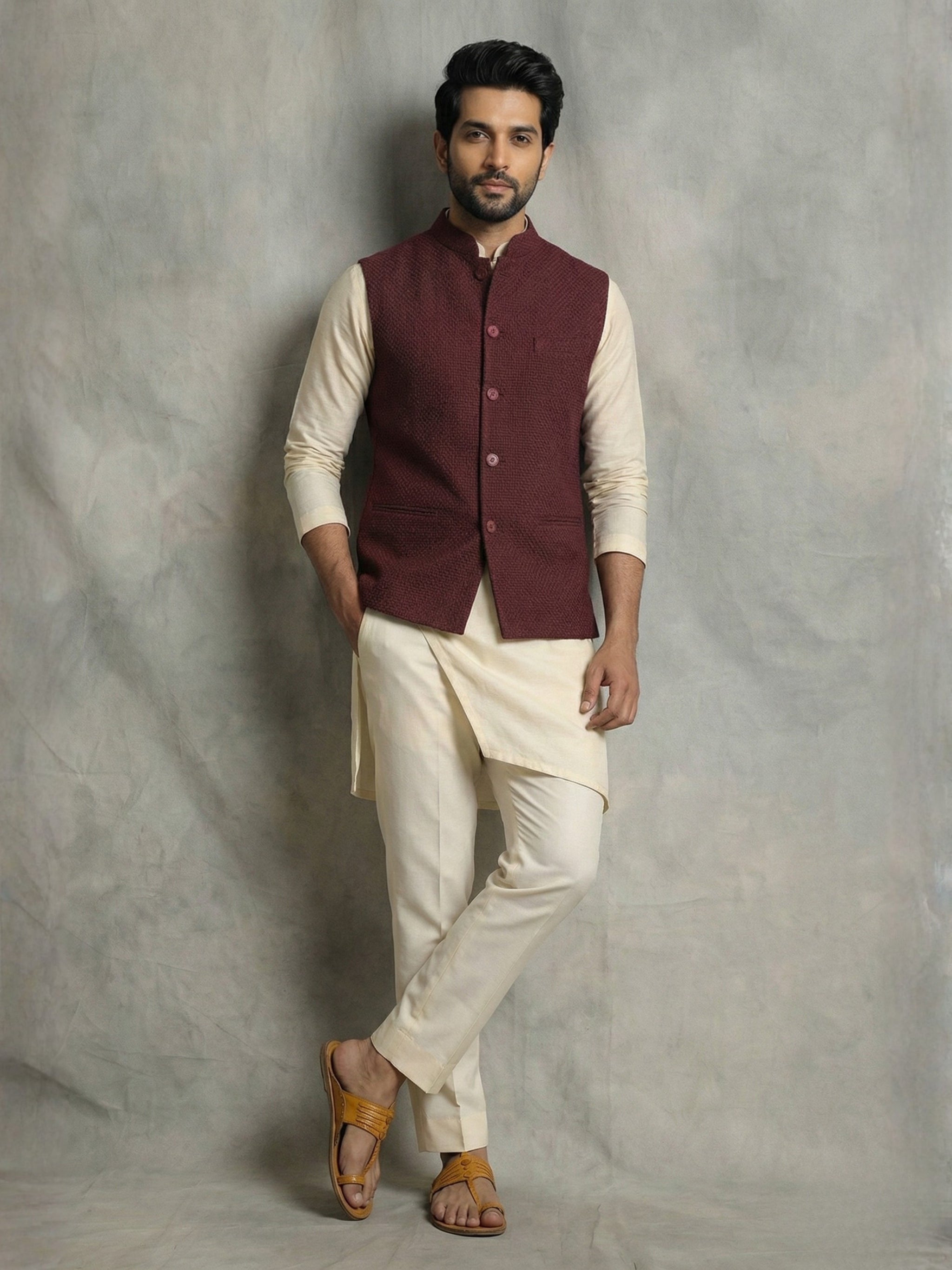 Textured Maroon Koti with Off-White Raw Silk Kurta Set