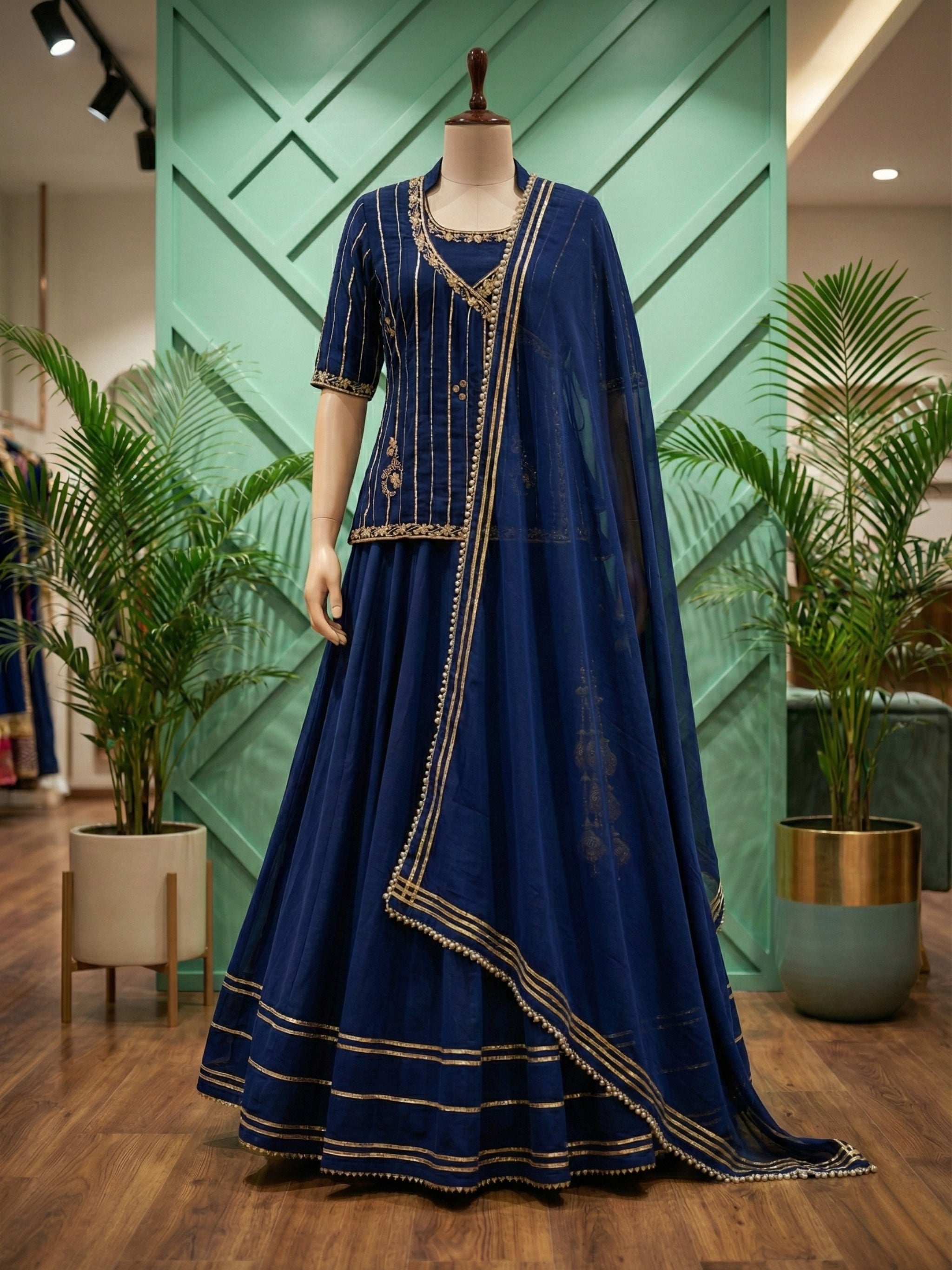 Midnight Blue Angrakha Peplum Top & Lehenga Set with Gold Zari