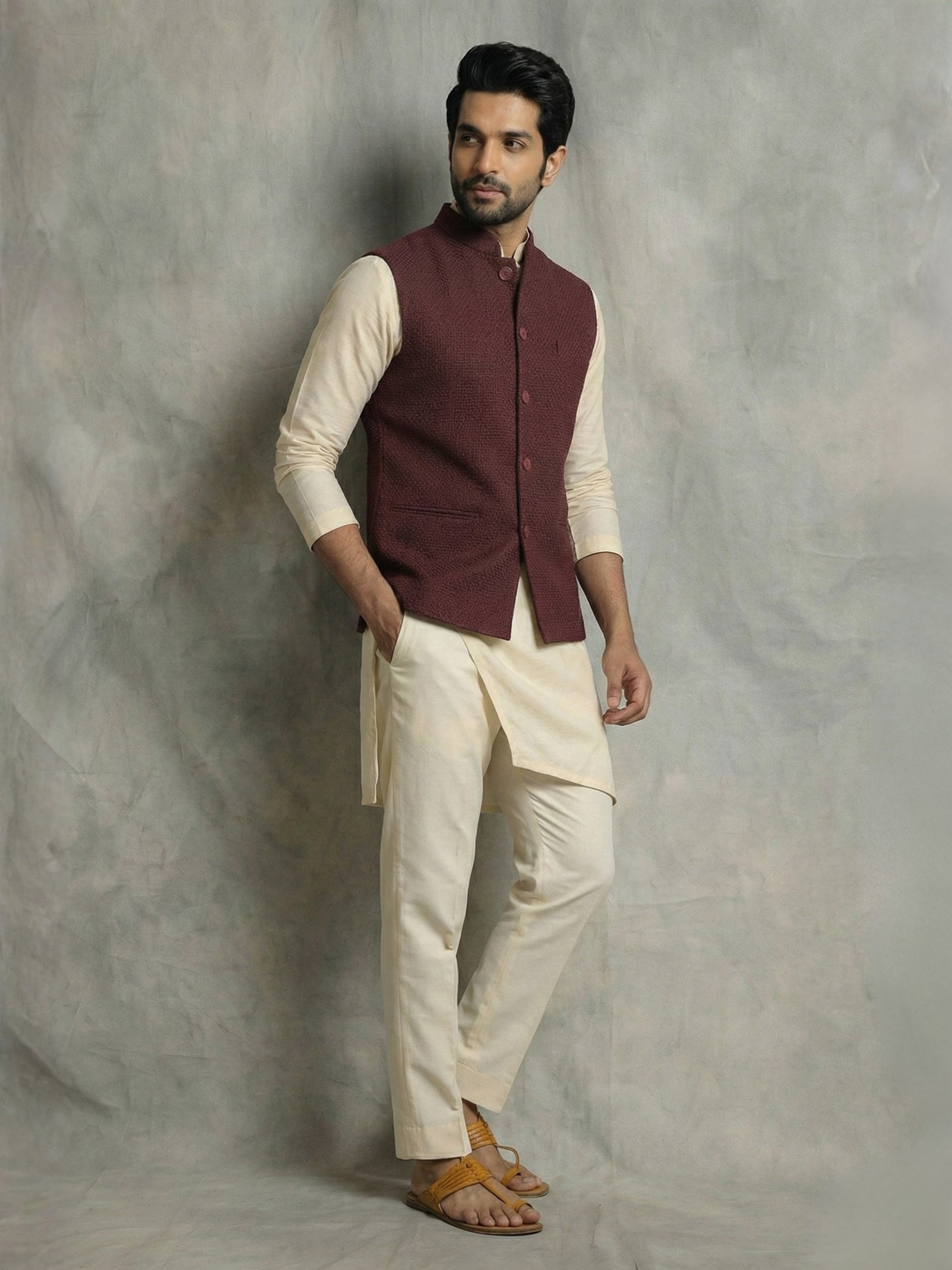 Textured Maroon Koti with Off-White Raw Silk Kurta Set
