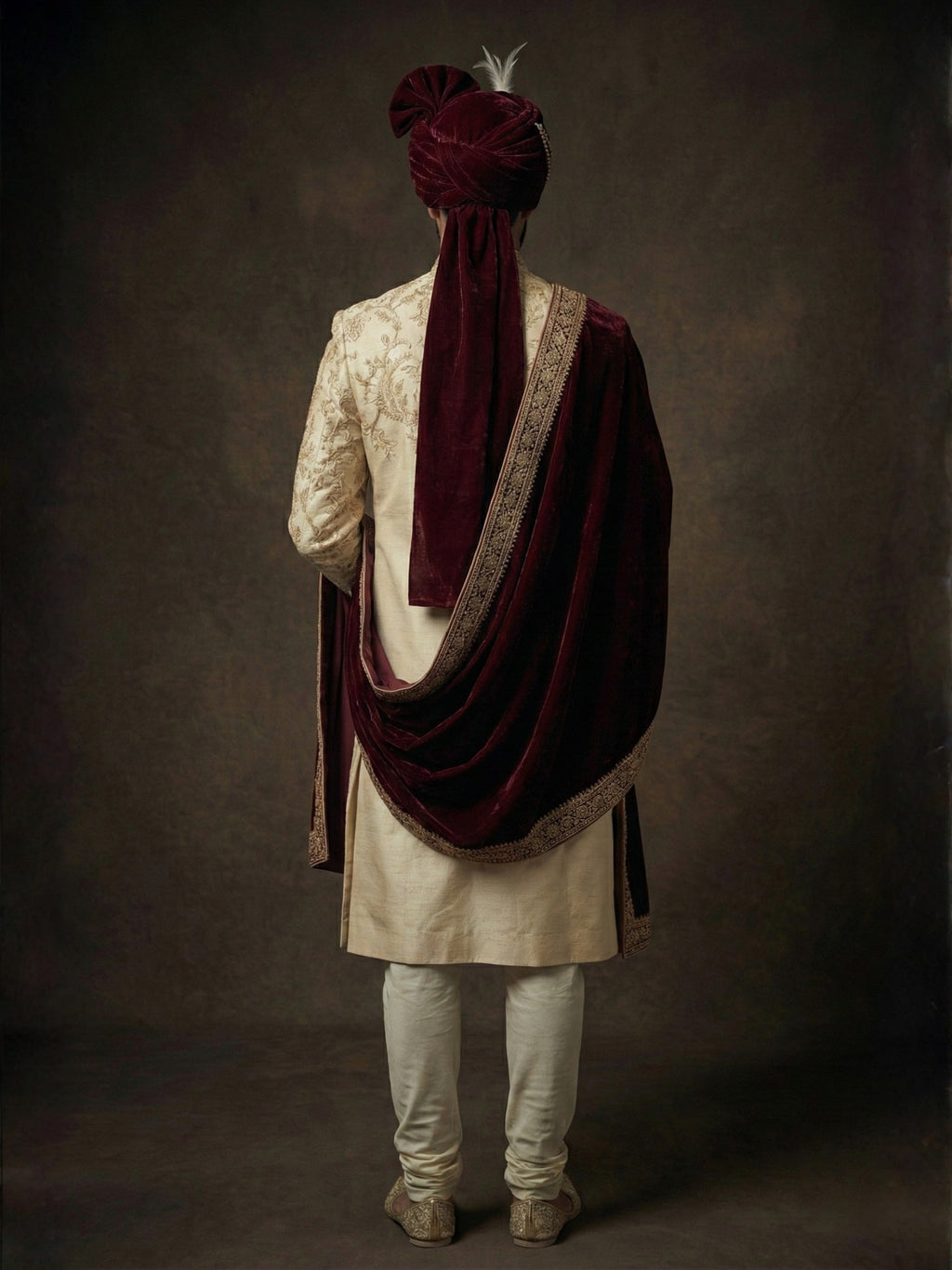 Cream Zardosi Sherwani with Maroon Velvet Shawl