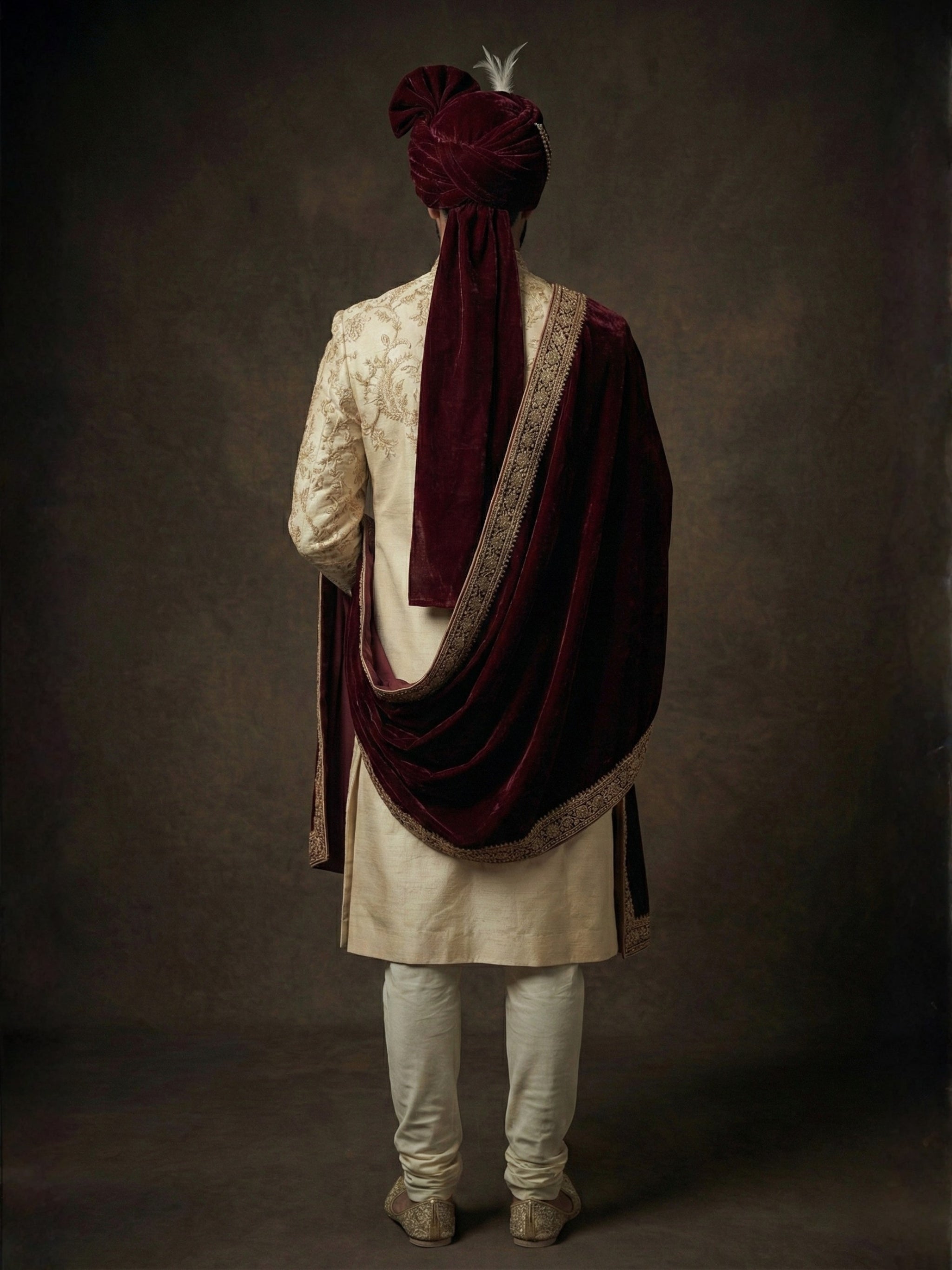 Cream Zardosi Sherwani with Maroon Velvet Shawl