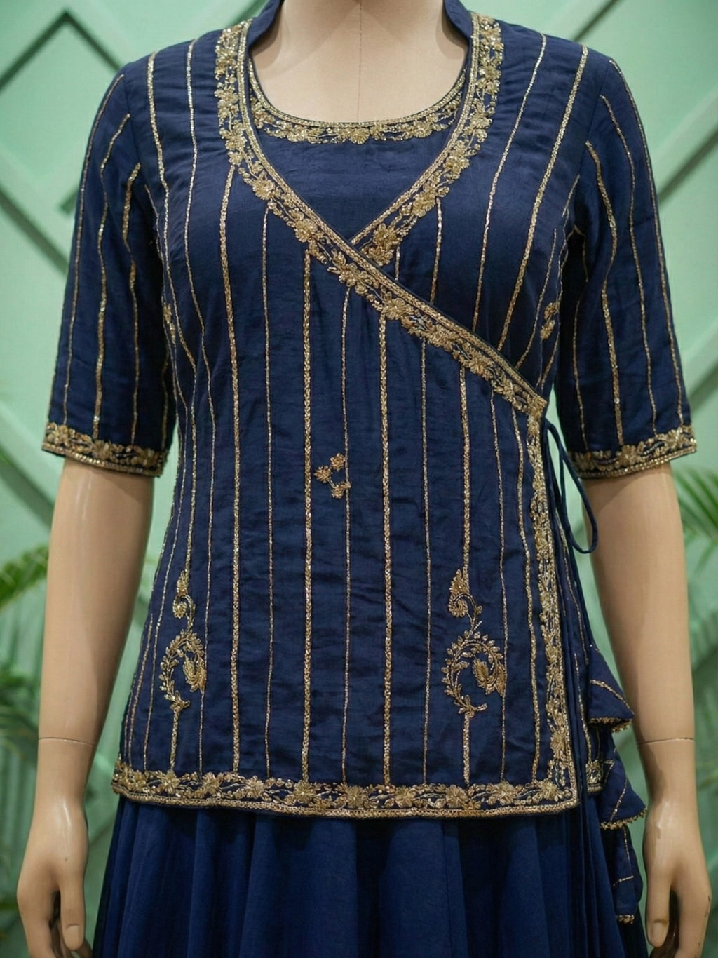 Midnight Blue Angrakha Peplum Top & Lehenga Set with Gold Zari