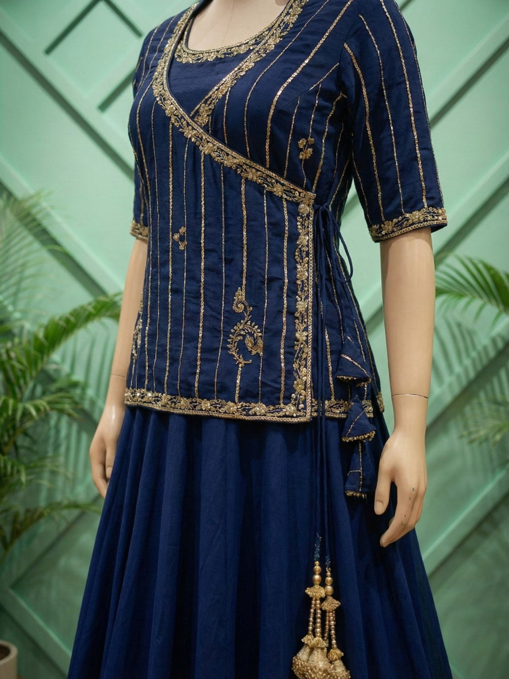 Midnight Blue Angrakha Peplum Top & Lehenga Set with Gold Zari