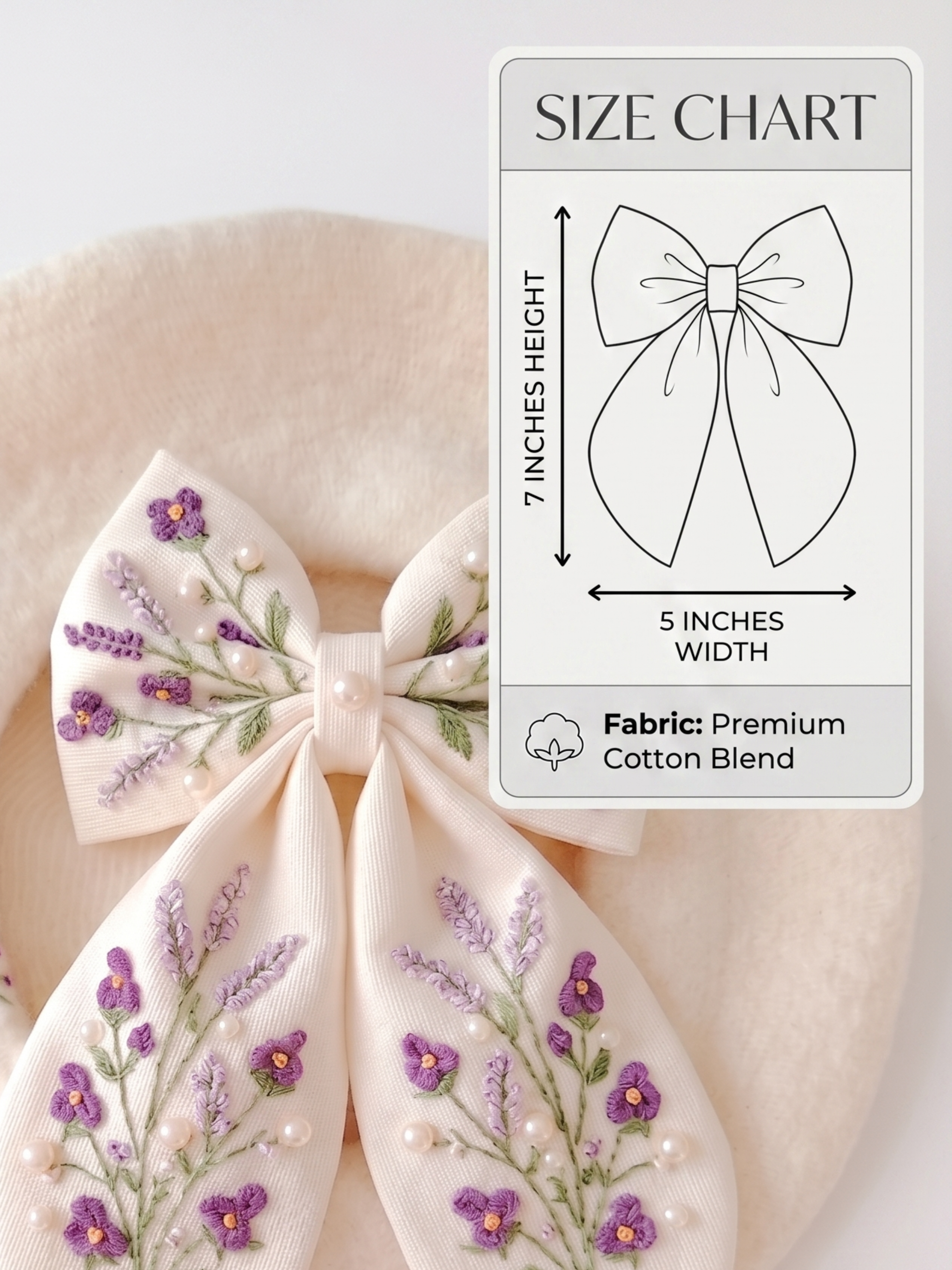 Large Embroidered Lavender & Pearl Statement Hair Bow