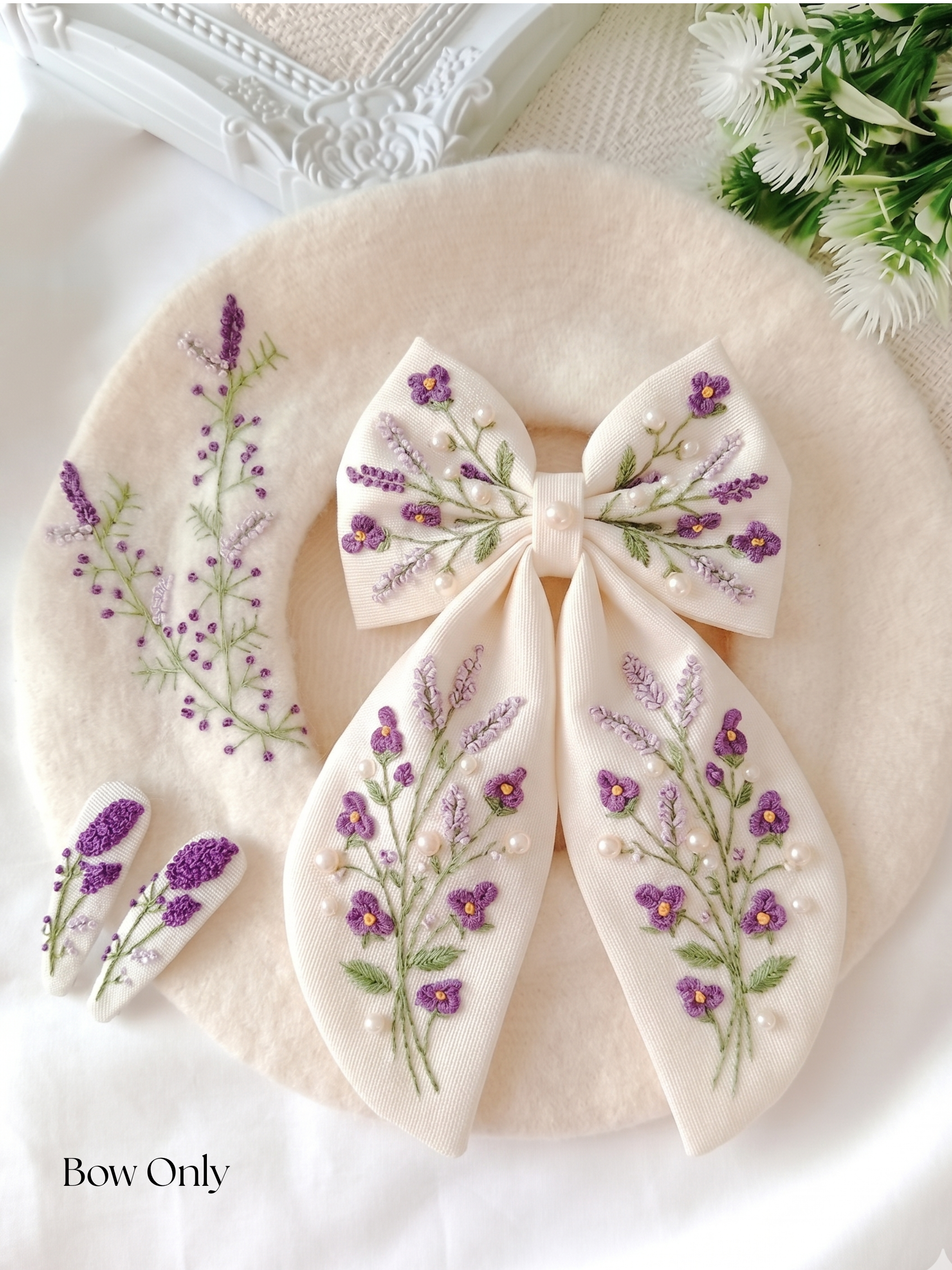 Large Embroidered Lavender & Pearl Statement Hair Bow