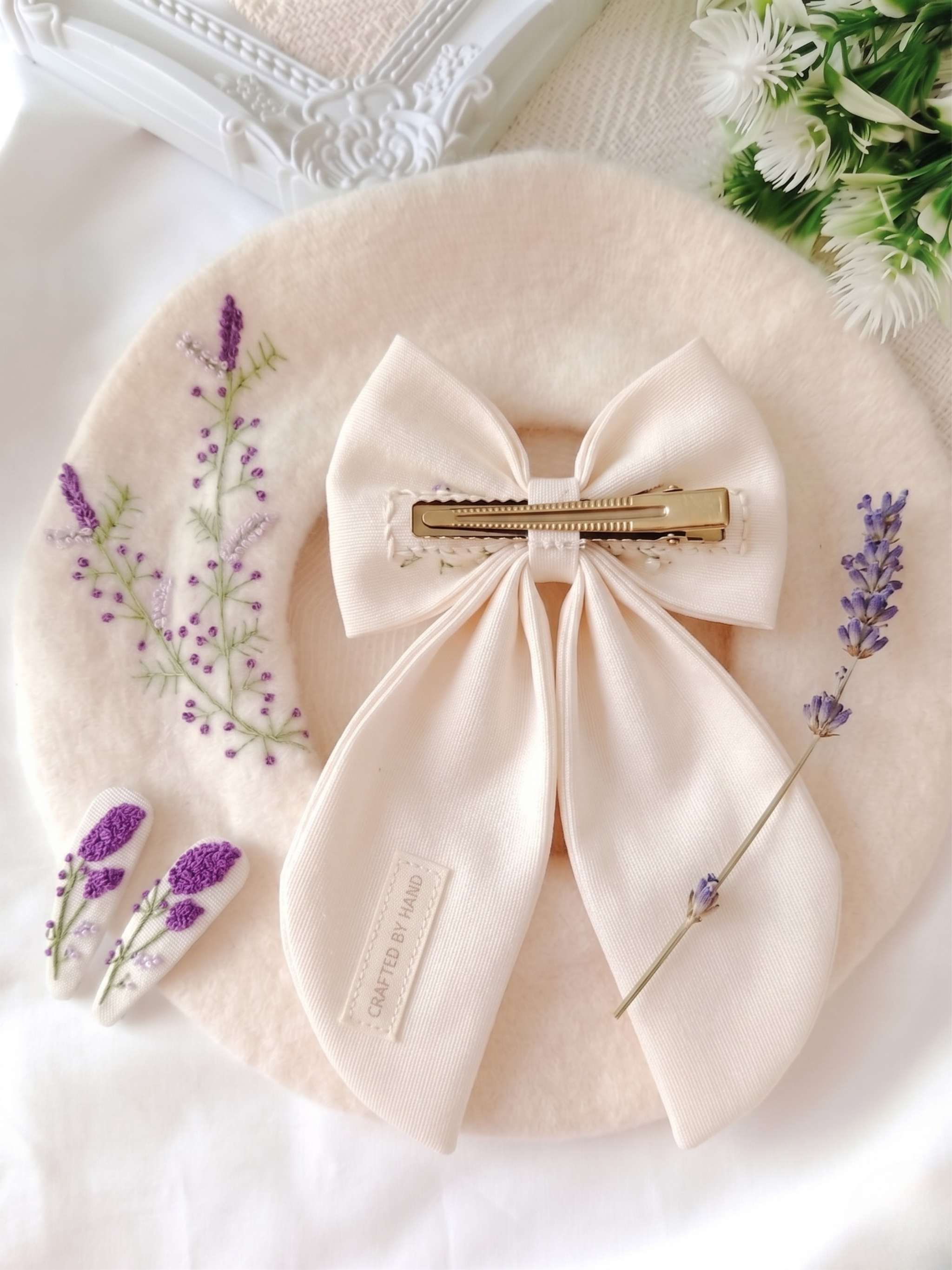 Large Embroidered Lavender & Pearl Statement Hair Bow