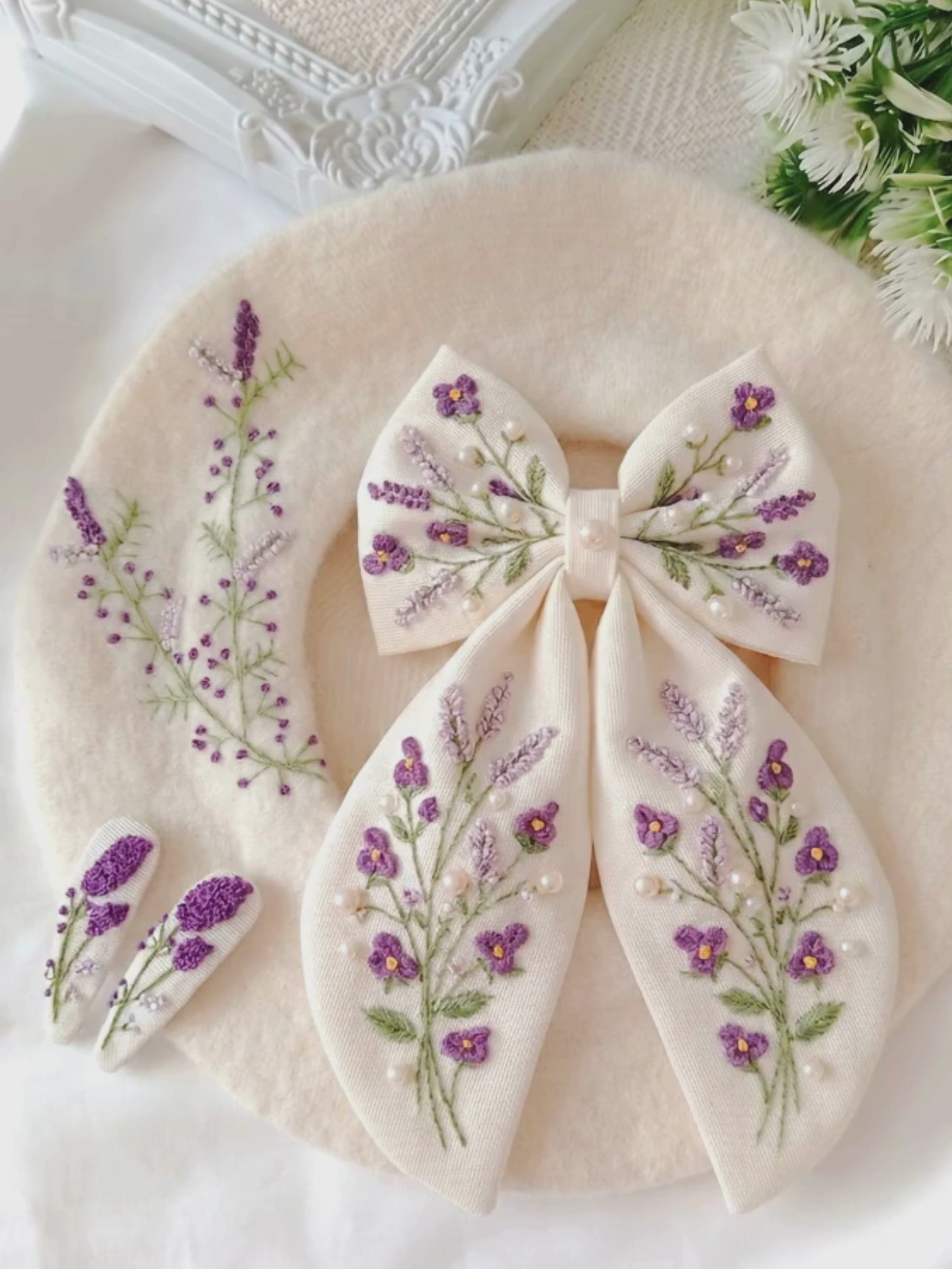 Large Embroidered Lavender & Pearl Statement Hair Bow